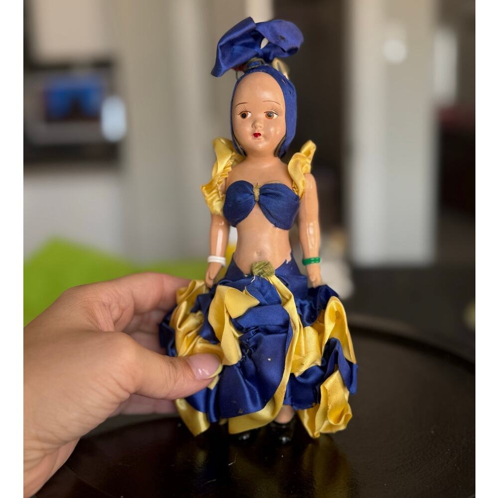 Vintage Caribbean Carnival Doll in Blue & Yellow Satin Ruffle Dress